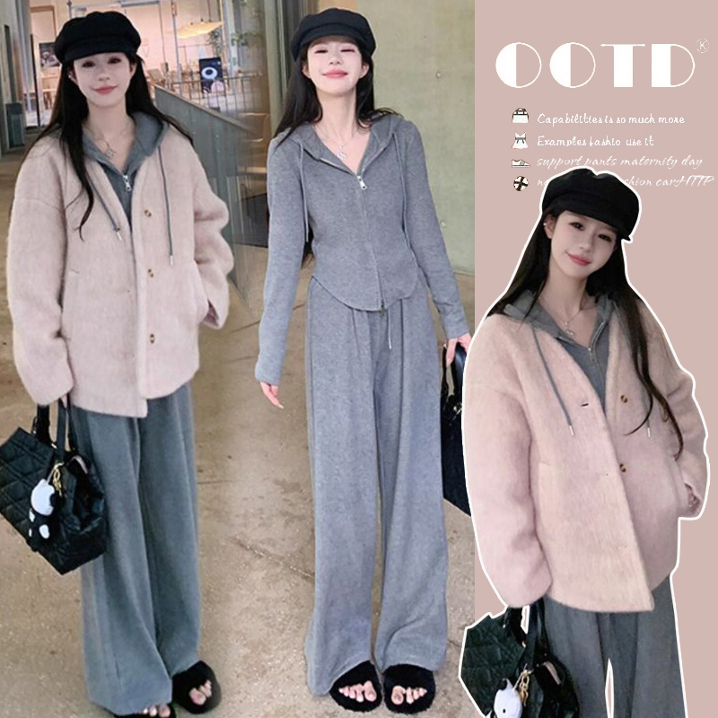  {糕糕}孕妇装2025秋冬新加厚连帽卫衣套装小香风粉色短外套套装