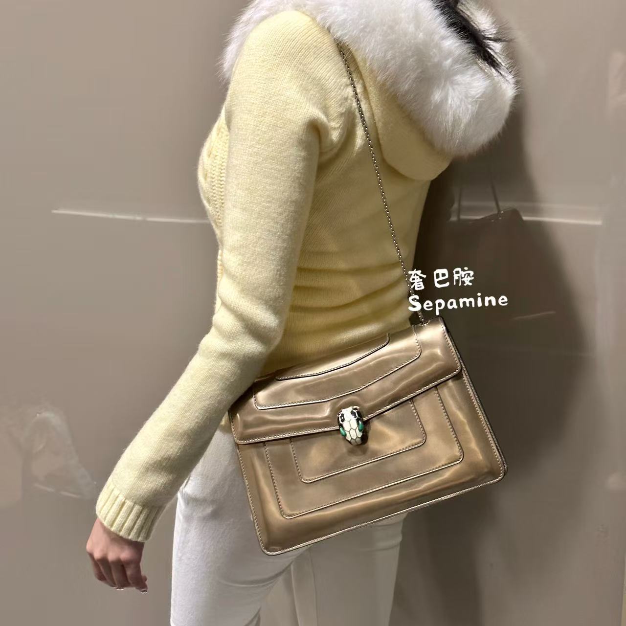 95新 BVLGARI/宝格丽 /蛇头/香槟金/单肩链条包