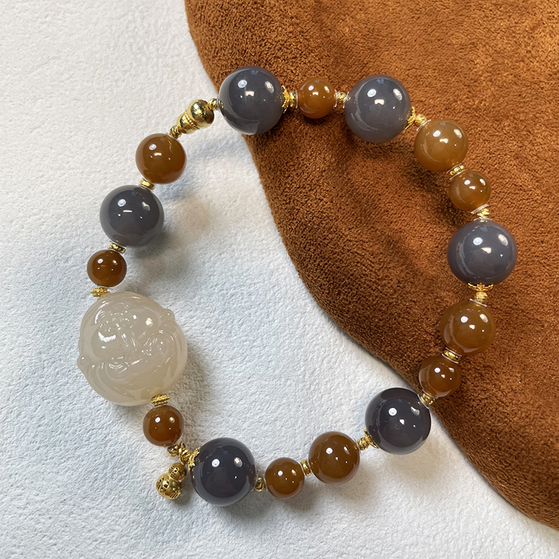 珠联帮【18K】和田玉1.0（烟紫）+藕粉黄财神单圈手串