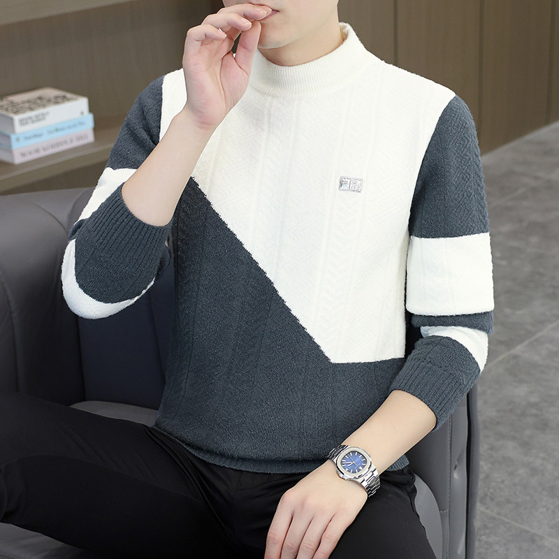 2025秋冬季加厚潮流拼色毛衣男士半高领保暖时尚休闲针织衫9268