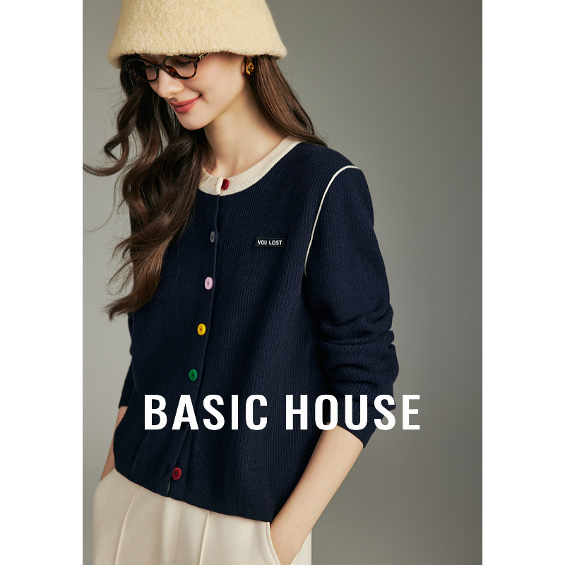 Basic House/百家好韩版撞色彩扣针织衫秋季新款上衣B1194B57832