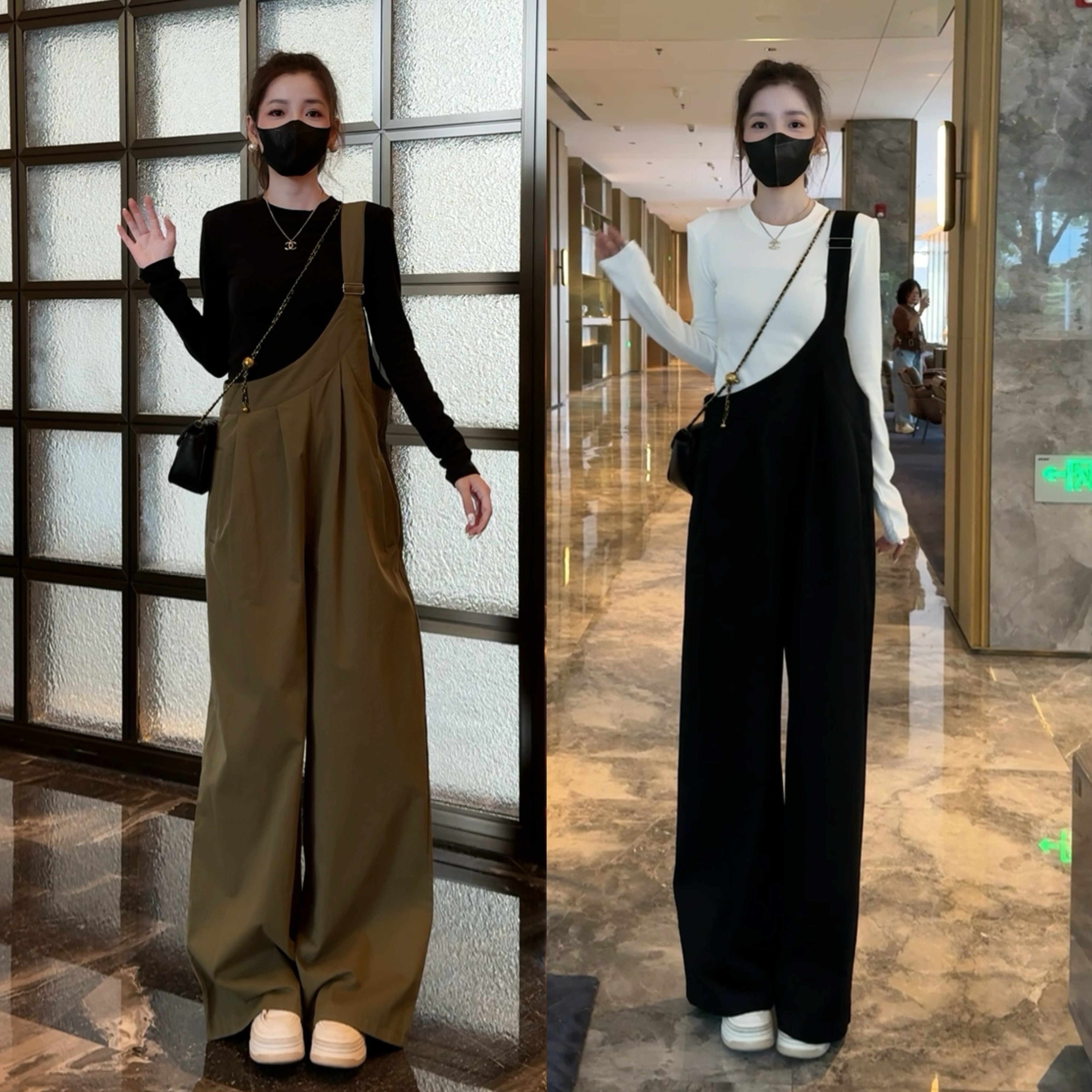 工装背带裤夏季新款高腰宽松休闲阔腿连体裤+长袖T恤秋款时尚套装