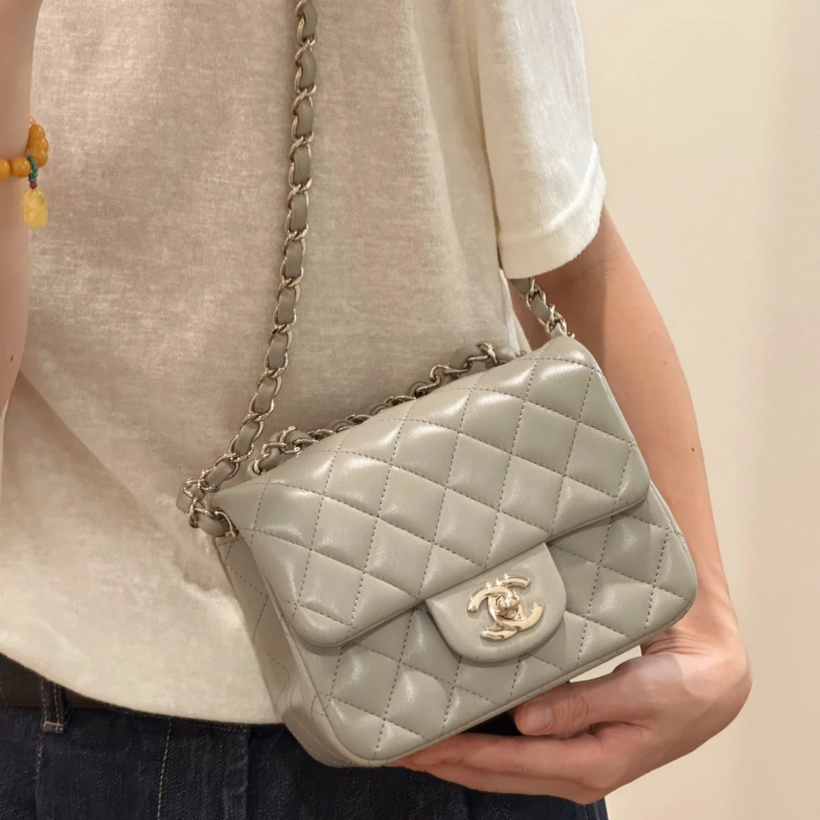 95新 Chanel/香奈儿 鼠尾草灰经典款方胖 芯片 51603