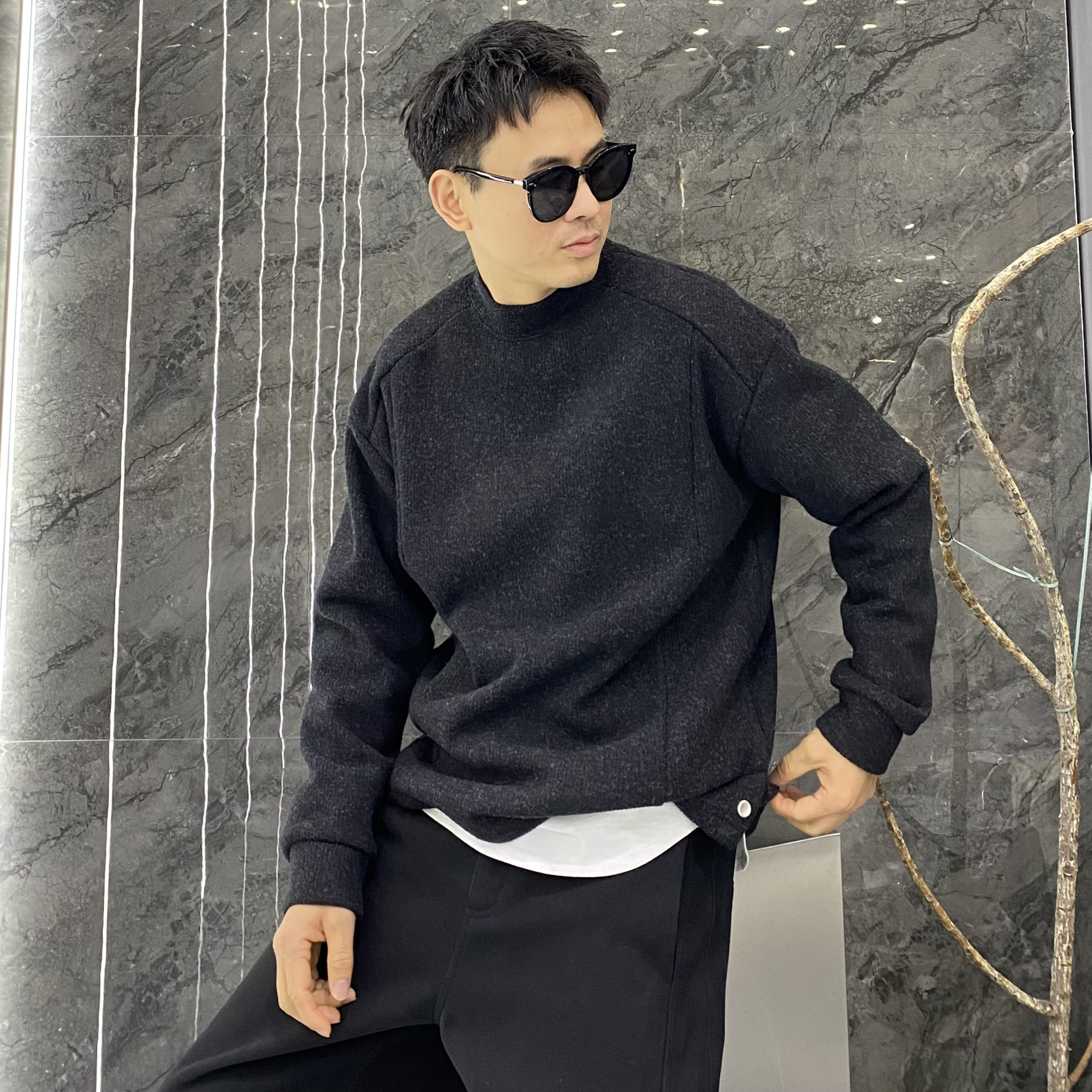 冬季磁吸扣开衩弧形下摆半高领中领加绒卫衣痞帅微宽松百搭上衣男