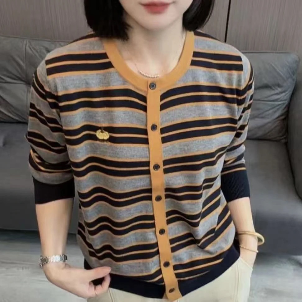 条纹款气质时尚打底显瘦长袖洋气百搭拼色修身