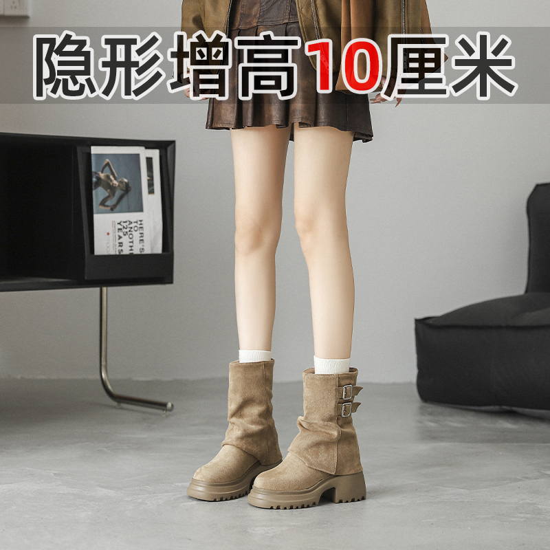 内增高短靴女2025年秋冬新款复古绒面裤管靴小个子显瘦加绒瘦瘦靴