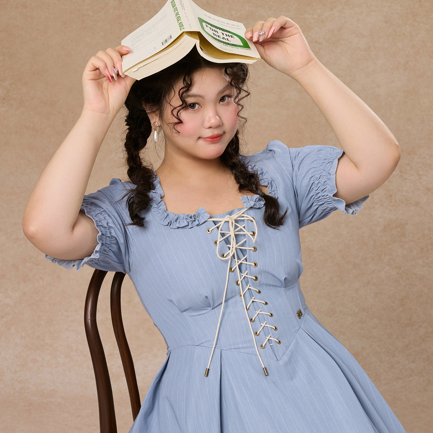 LaceMade大码女装 微凉海岸线 法式条纹高智感蓝色通勤短袖连衣裙