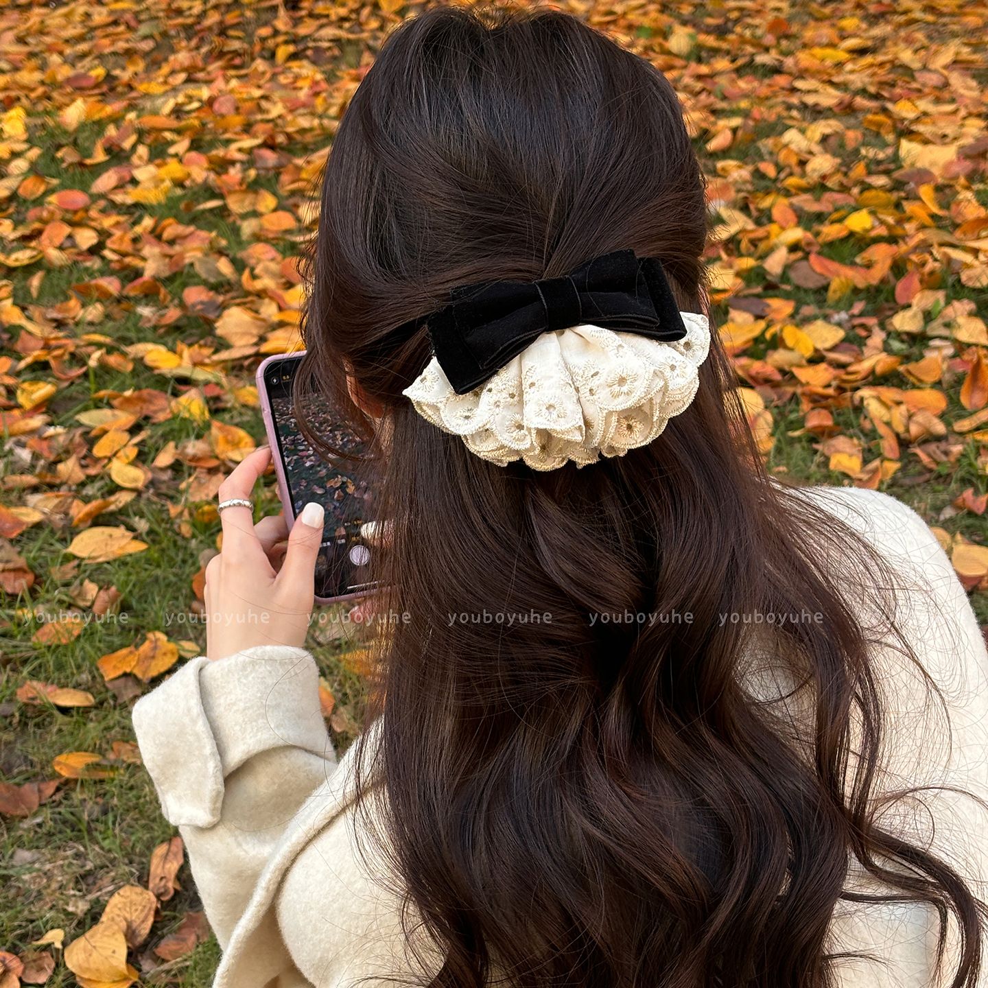 复古蕾丝秋冬丝绒蝴蝶结发夹女气质低马尾弹簧夹抓夹半扎发发饰