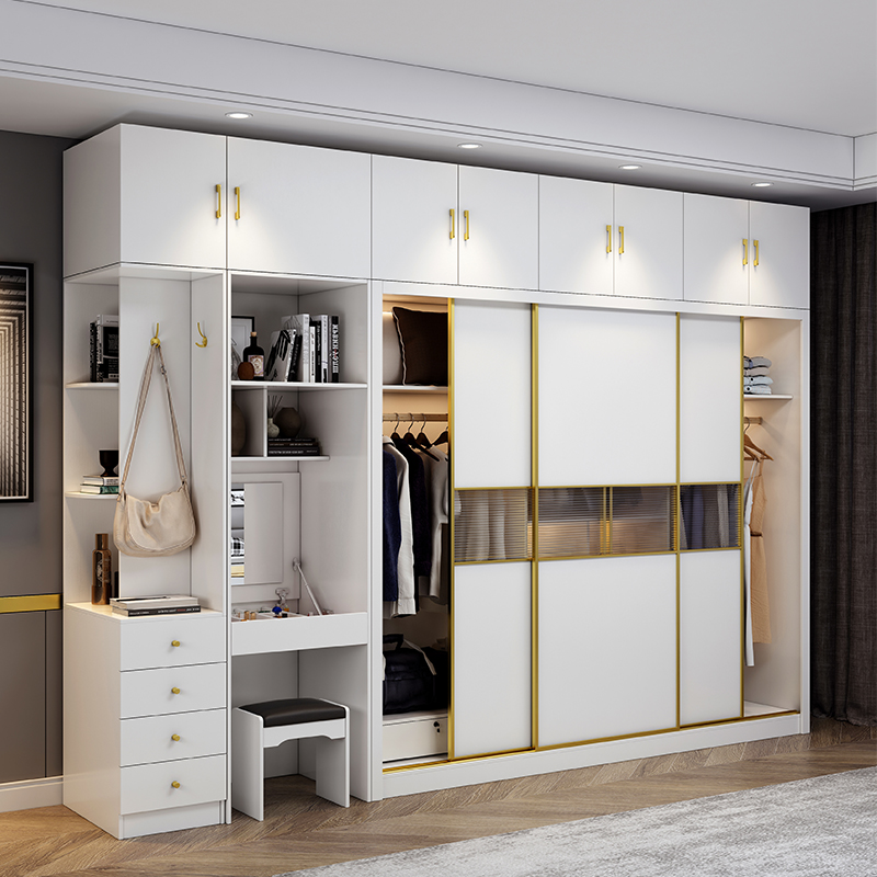 现代简约家用卧室移门衣橱储物柜带妆台一体实木生态板推拉门衣柜