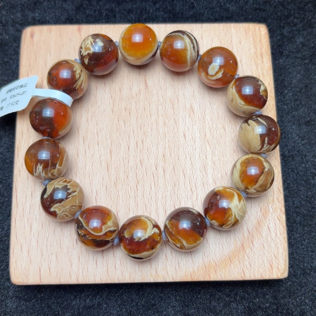 琥珀未镶嵌珠宝奇石15mm糖色蜜奶油白根妖花溶洞