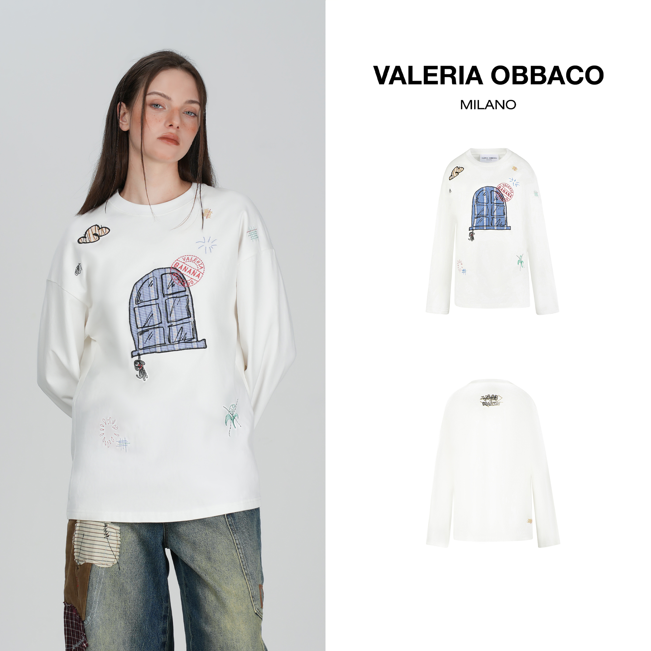 VALERIAOBBACO/瓦莱丽娅 奥贝科VO白色趣味窗户刺绣长袖T恤上衣秋