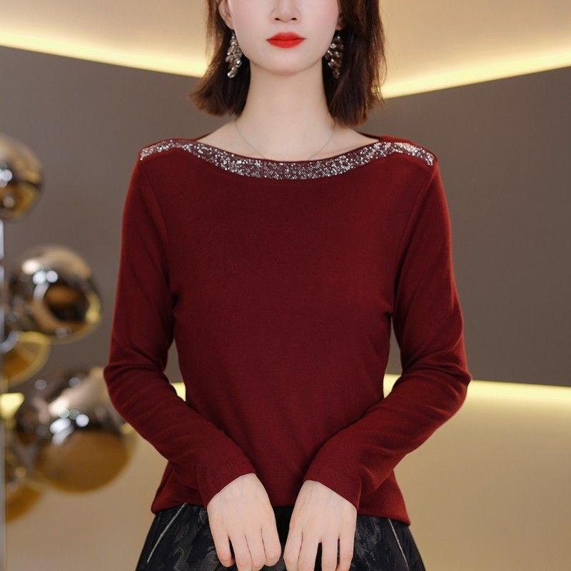 2025秋季新款时尚重工奥钻长袖T恤洋气显瘦一字领气质百搭上衣