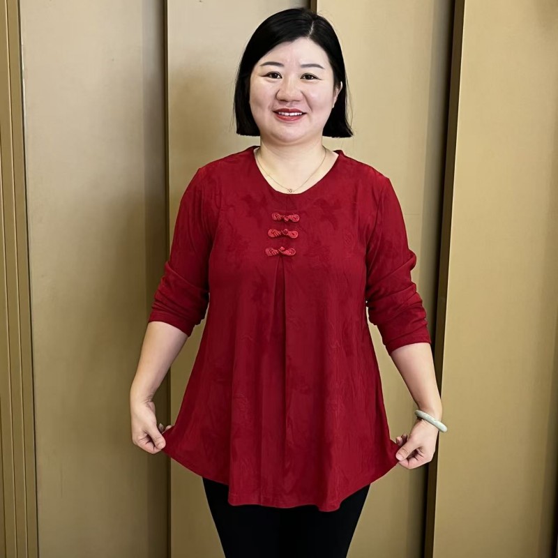 加大码春秋新款圆领盘口宽松显瘦时尚洋气提花上衣