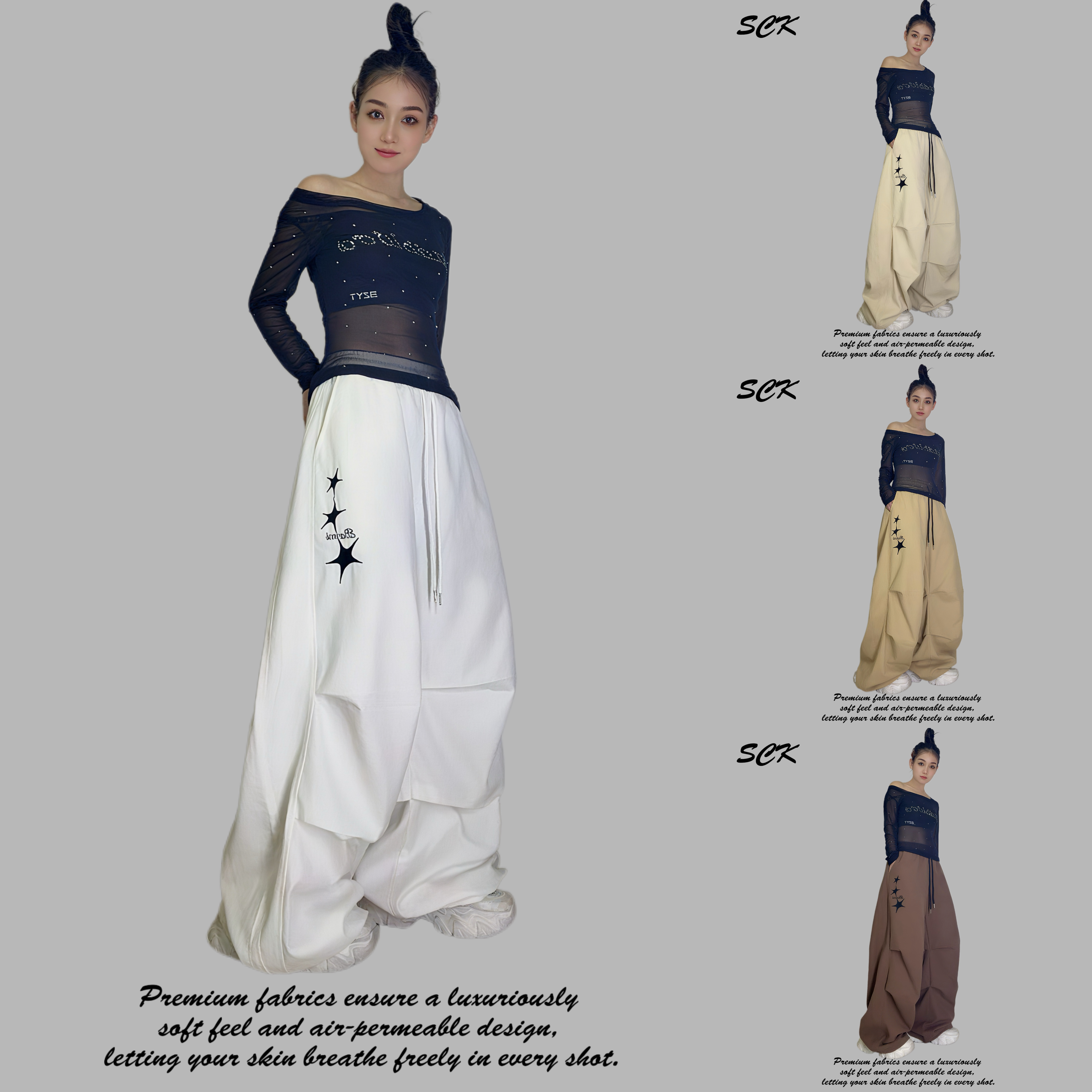  时超康SHI.CHAO.KANG.曳舞刺绣加绒长裤休闲阔腿裤宽松2508款