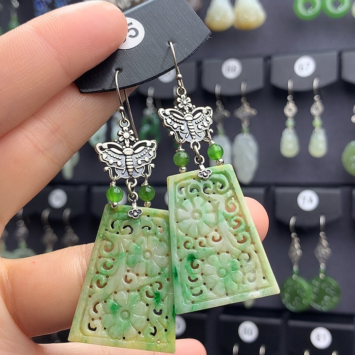 翡翠耳饰银S925镶嵌蝶*花55555