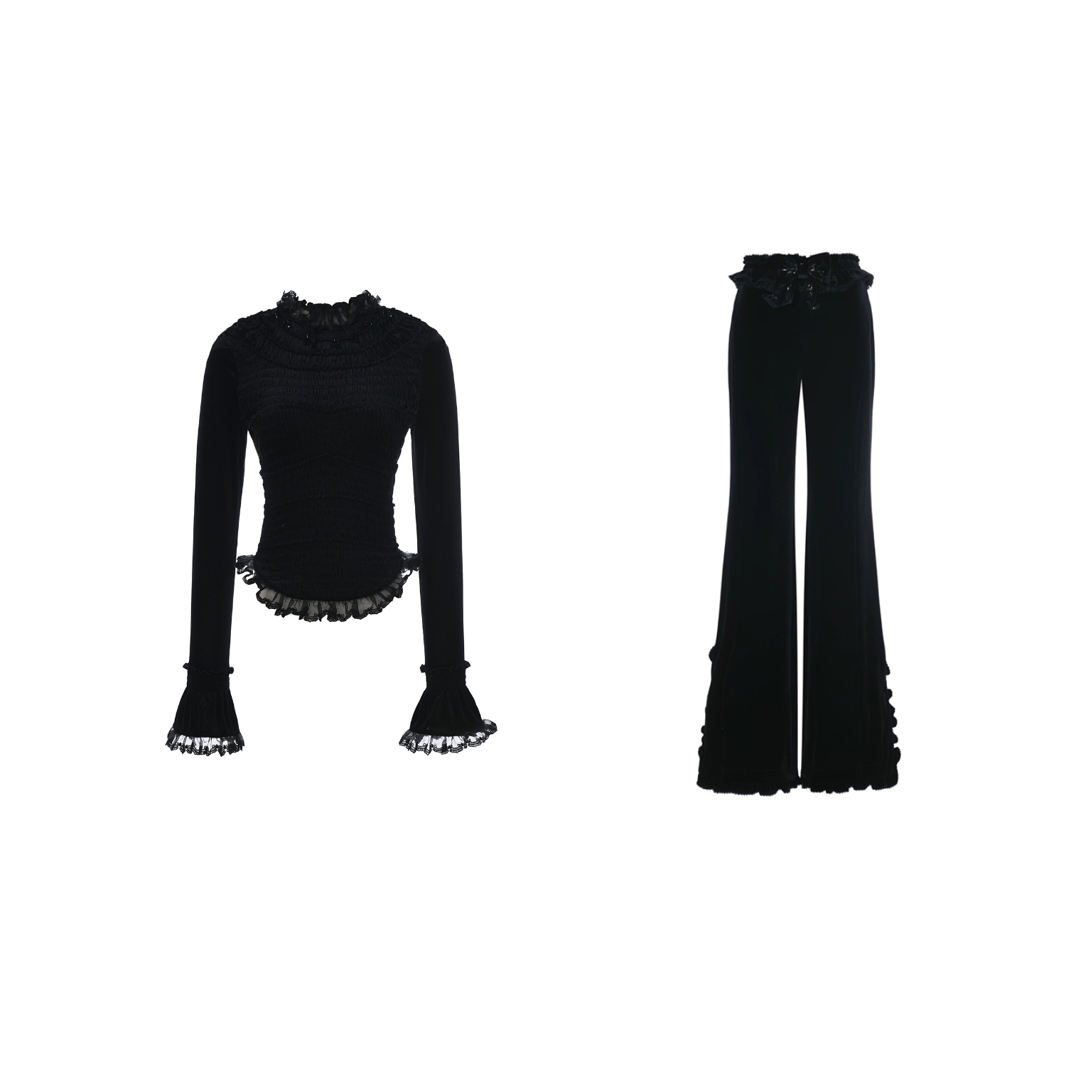 beauty汪静 ~木耳边刺绣压褶蝴蝶结百搭显瘦丝绒裤