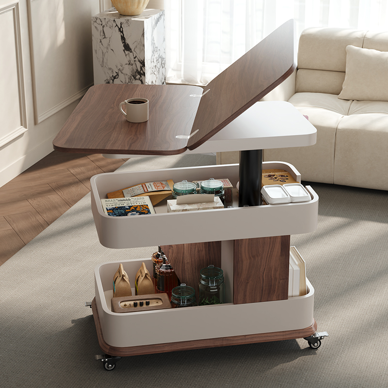 可移动茶几小户型简约客厅新款沙发边几折叠家用中古风升降小推车