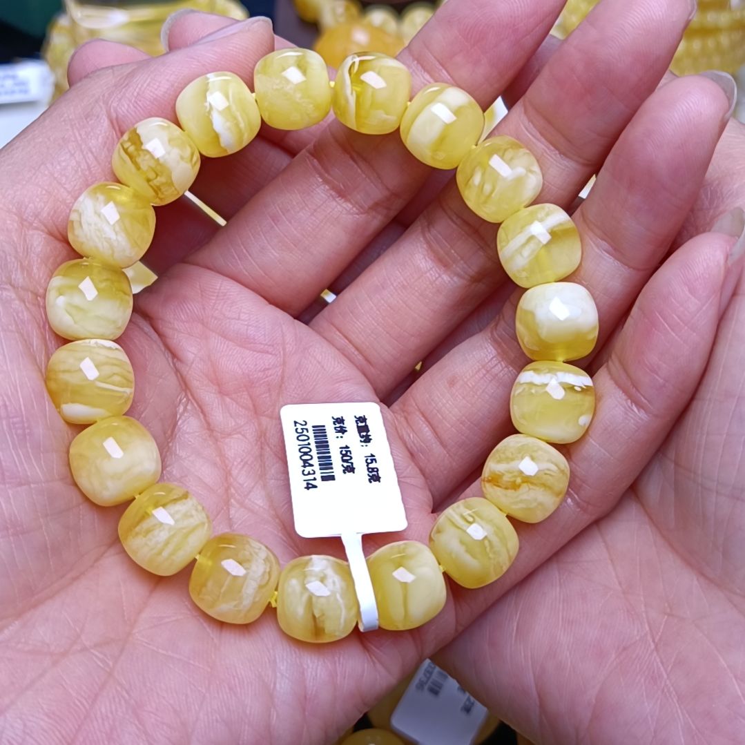 蜜蜡手串未镶嵌尽**美俄料蜜蜡金白妖花手串