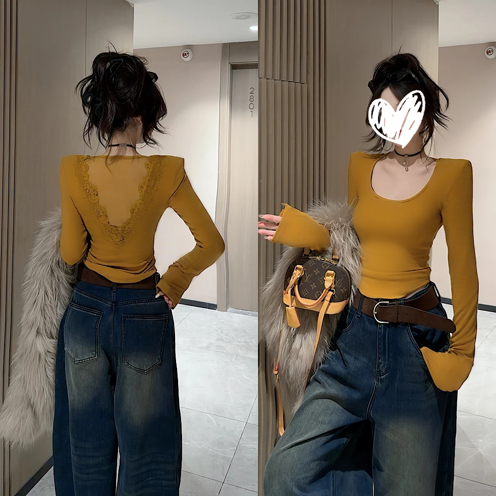 2025秋冬磨毛绒新款气质修身显瘦后背网纱蕾丝拼接长袖T恤女上衣