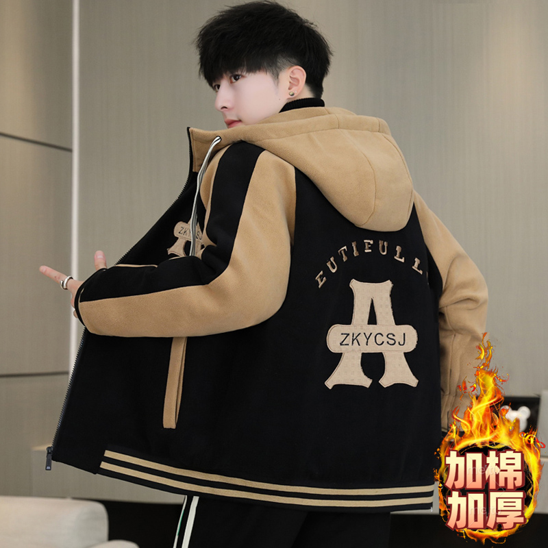 奥粒绒外套男款冬季学院风初中学生加厚棉服青少年羊羔绒棉衣男装