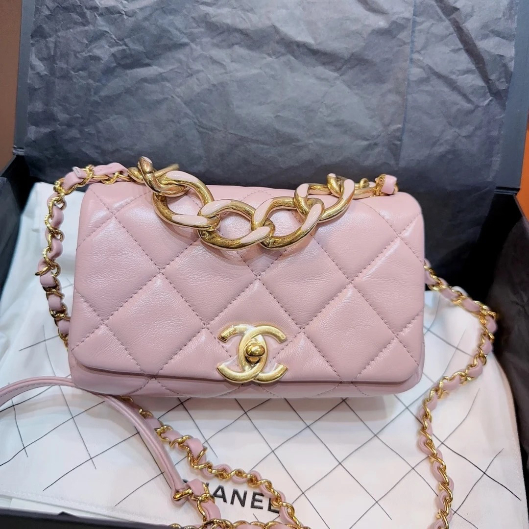 95新 Chanel/香奈儿 Chanel粉色粗链条口盖包 25110147-05