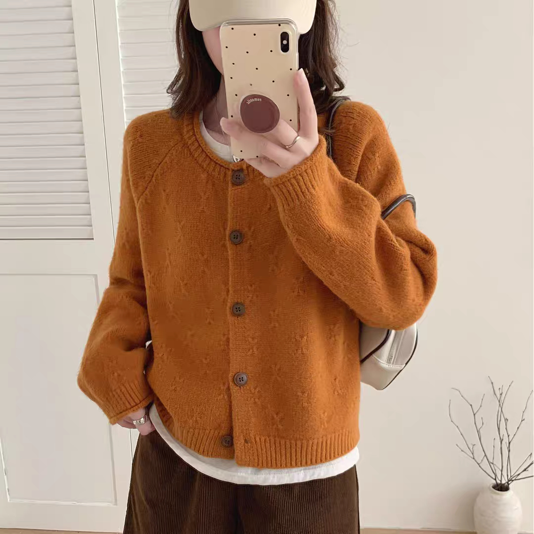 插肩袖加厚宽松毛衣外套秋冬长袖短款时尚洋气百搭圆领针织开衫