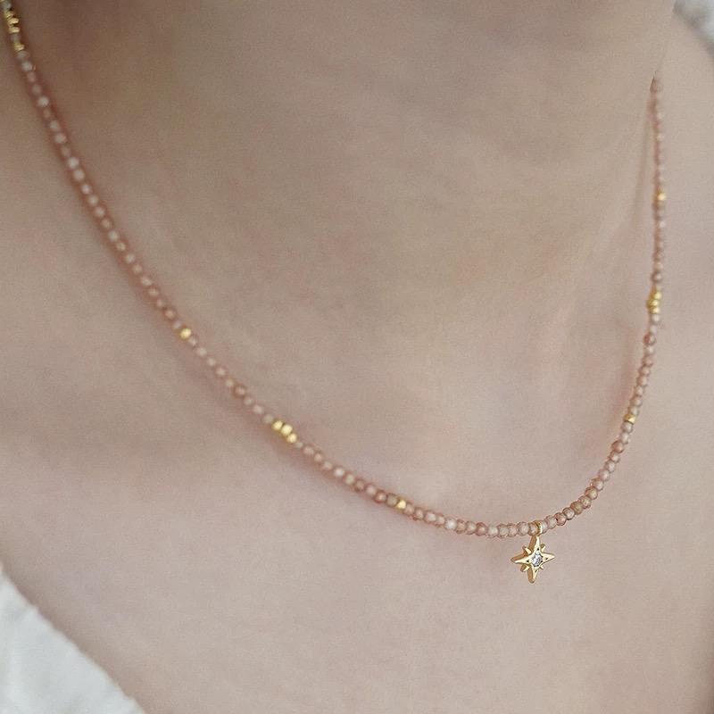 铜合金项链 『八芒星镶钻』香槟色串珠闪耀星星吊坠项链锁骨链
