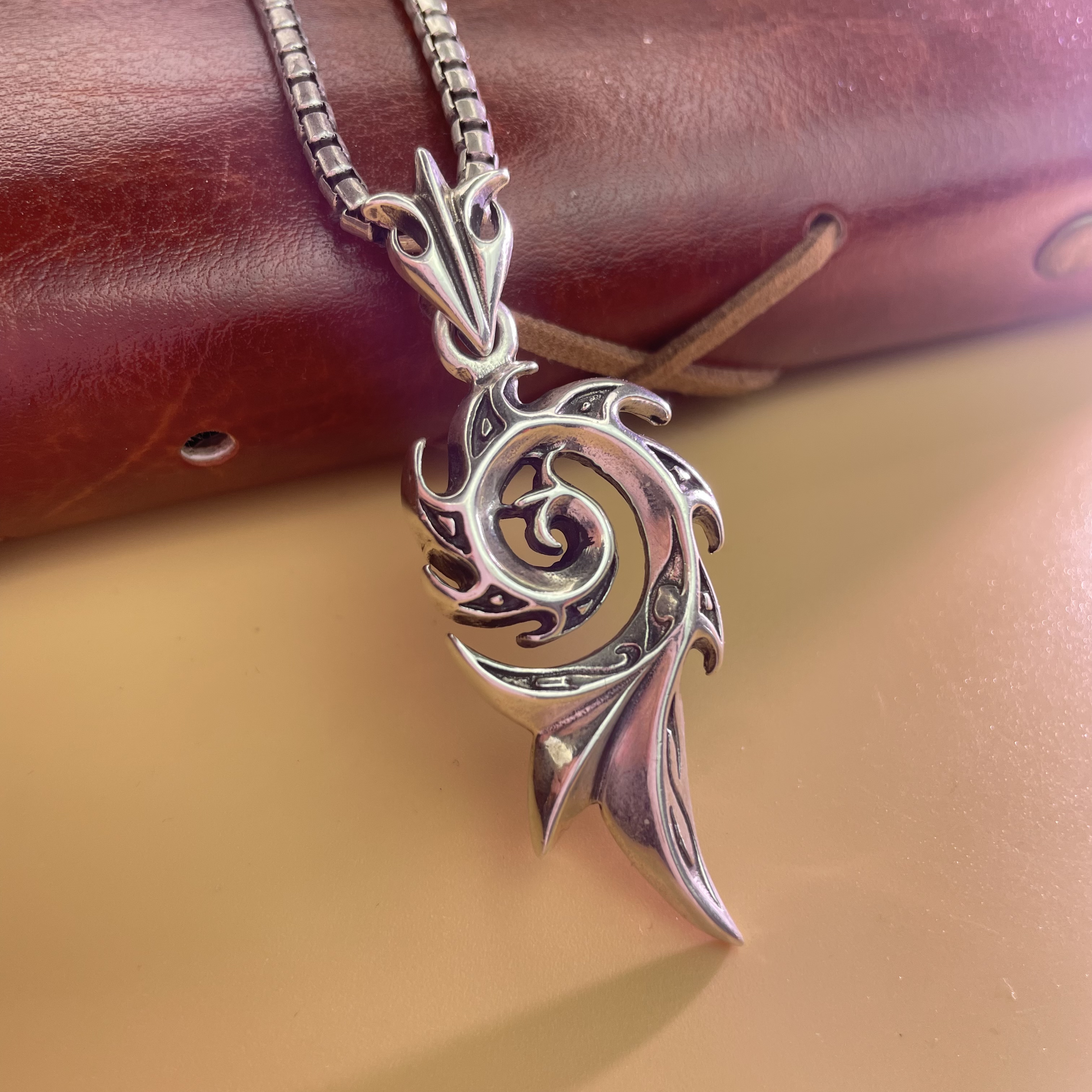 坠链均925银 火焰凤吊坠项链男生盒子链复古潮流时尚百搭休闲