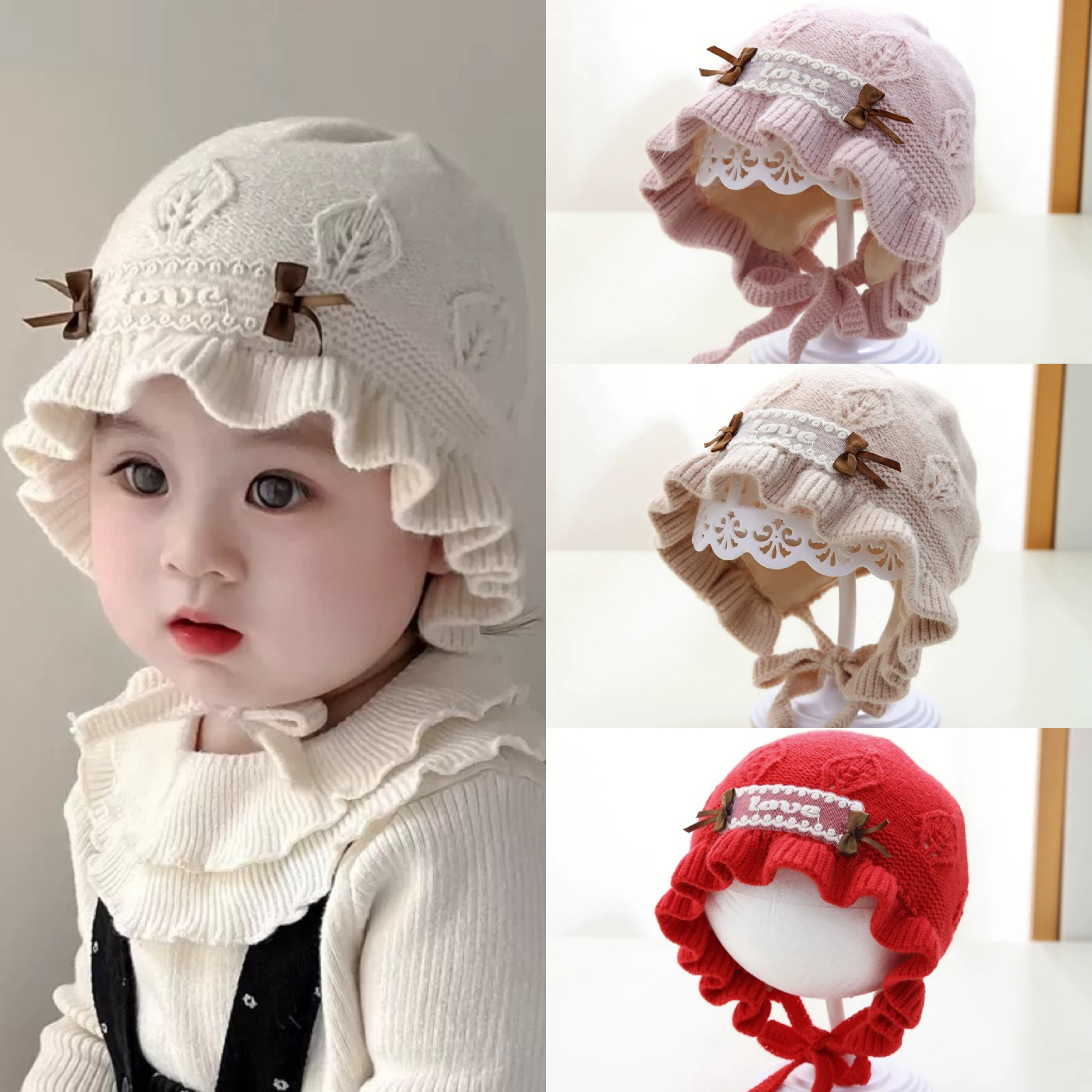 婴儿帽子秋冬季洋气公主花边针织保暖护耳小月龄女宝宝甜美毛线帽