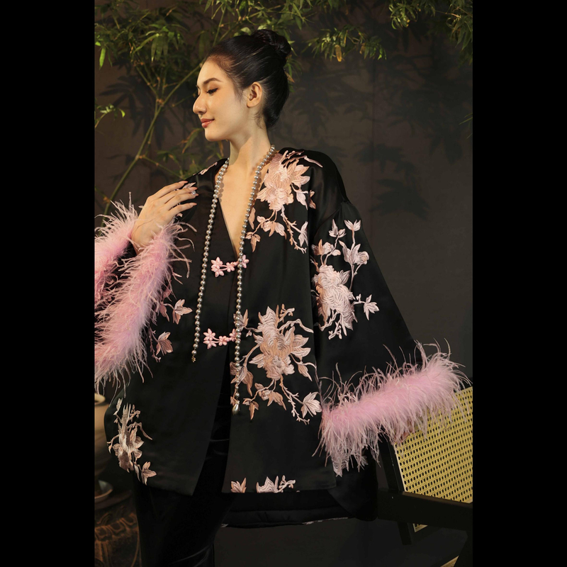 【夜阑·花吟】XM轻奢大袖V领醋酸提花对襟重工刺绣贵妇优雅气质棉服