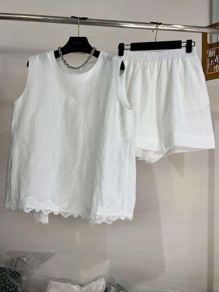 高端欧货圆领蕾丝开叉无袖背心高腰短裤时尚套装98029