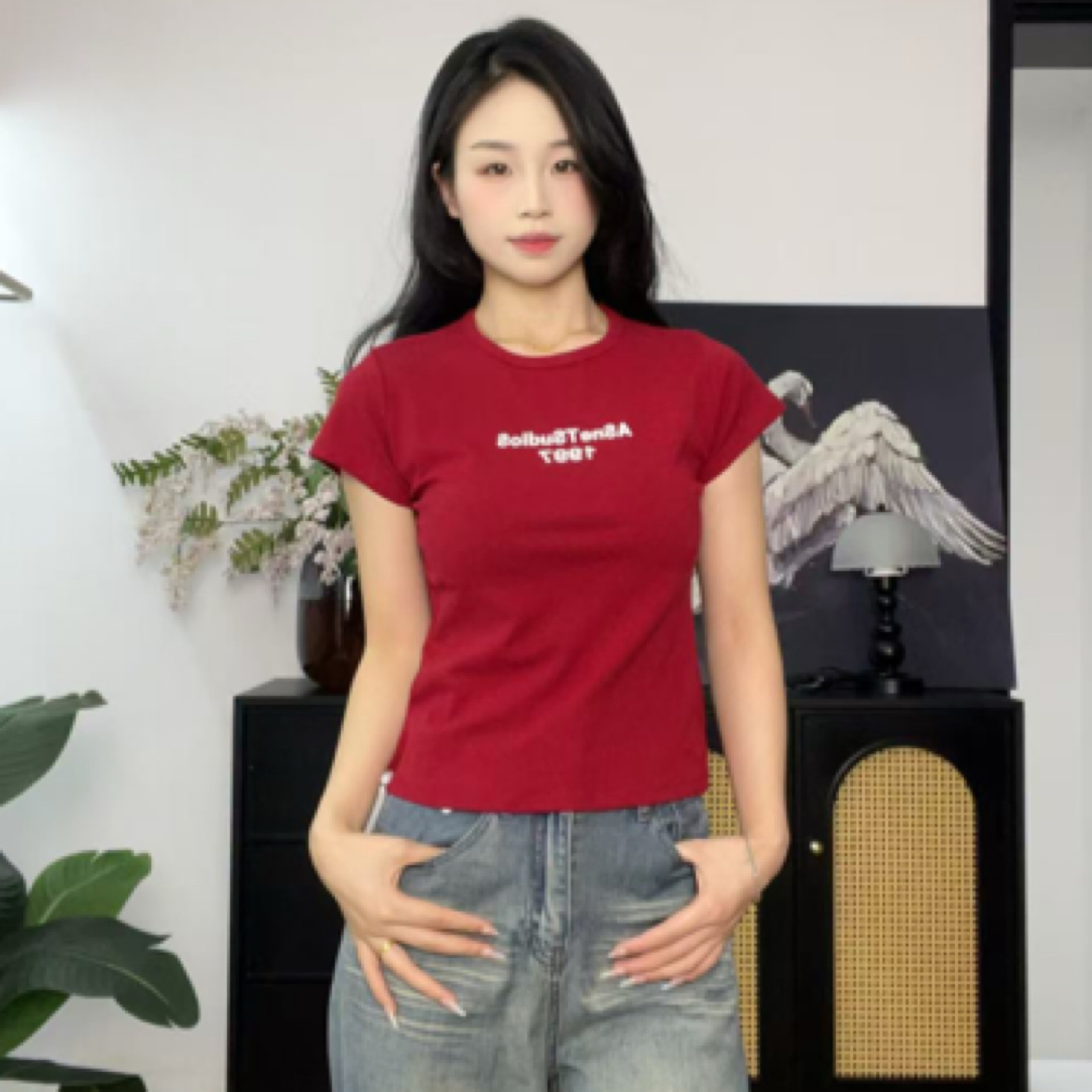 Mei Di#欧诺风穿搭推荐/短袖休闲印花字母T恤细肩带斜肩【MS2244】