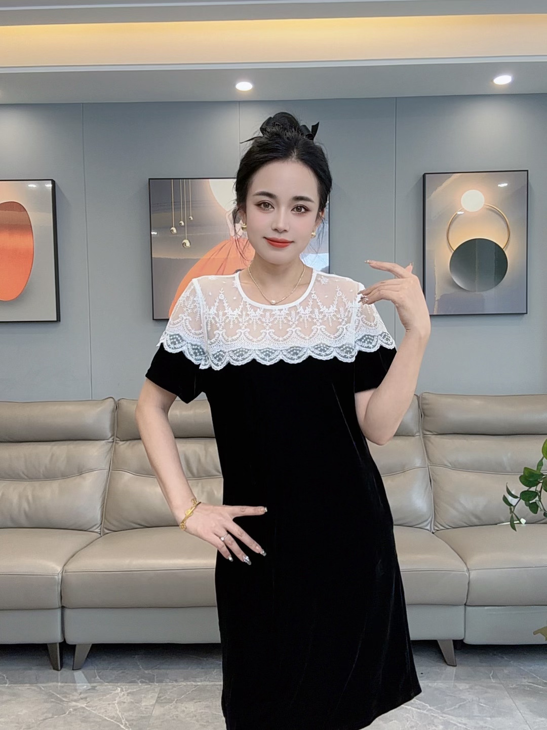 2025新款显瘦拼接蕾丝夏季短袖连衣裙优雅气质ins风美式3007针织