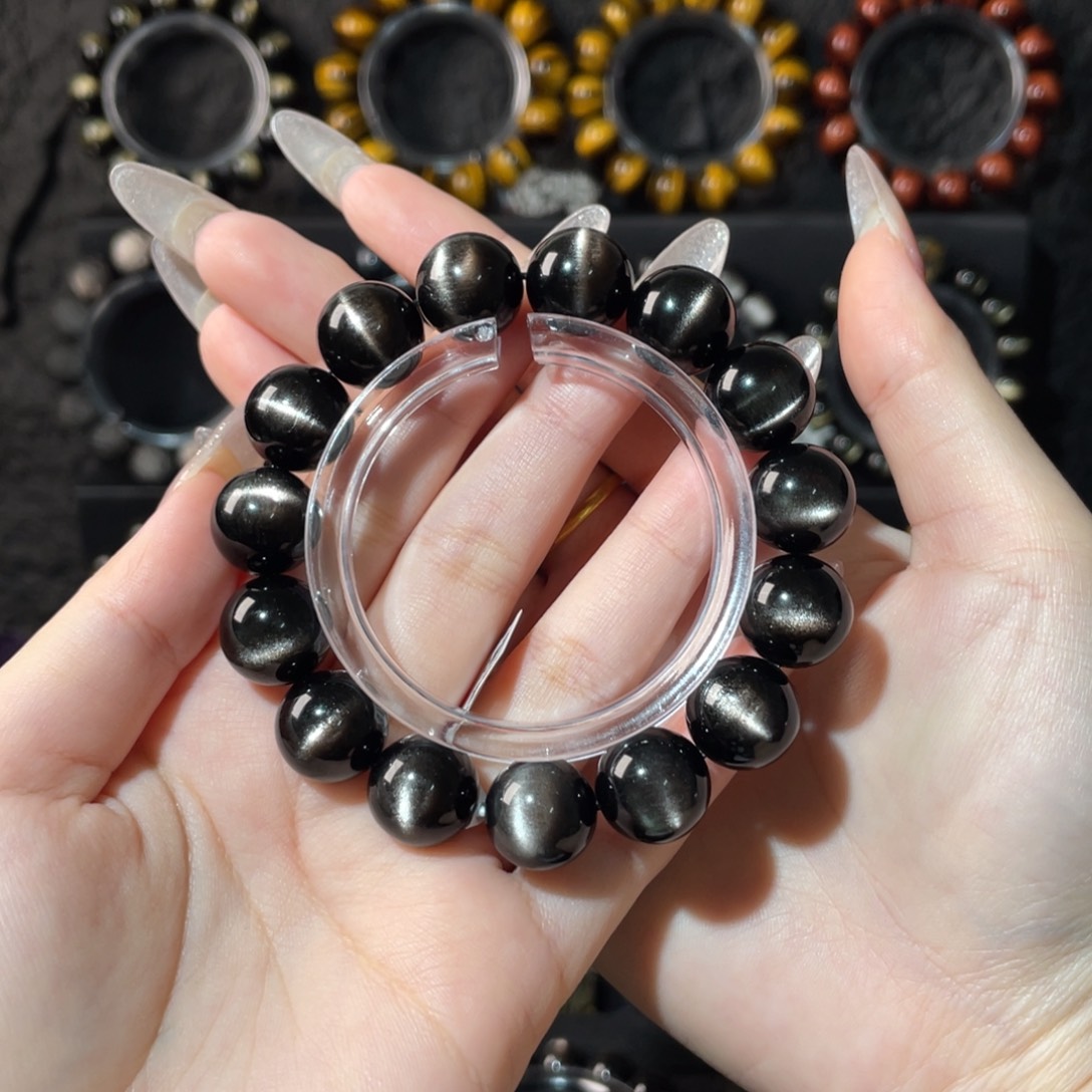 黑曜岩未镶嵌手链14猫眼银曜石手串