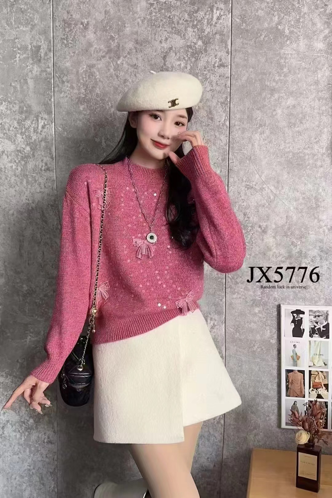 圆领轻奢套头秋冬网红ins百搭上衣蕾丝毛针织衫宽松衫