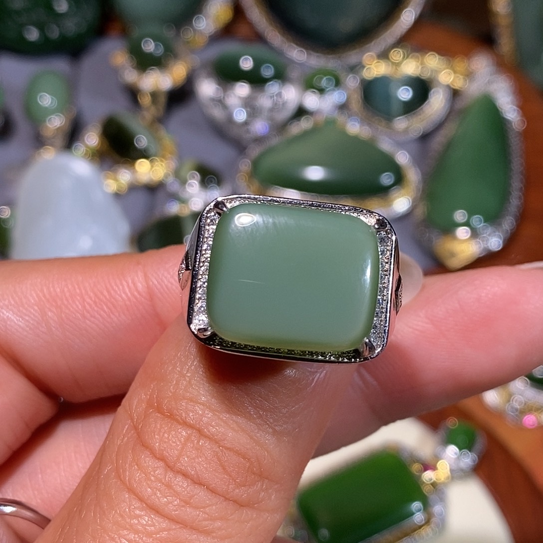 和田玉（碧玉）银S925镶嵌戒指