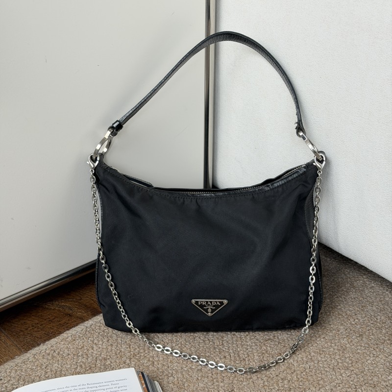 95新 Prada/普拉达 Azul-黑银尼龙hobo腋下包54160