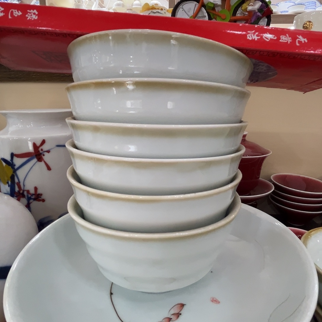李***头无盖款陶瓷手工饭碗6个
