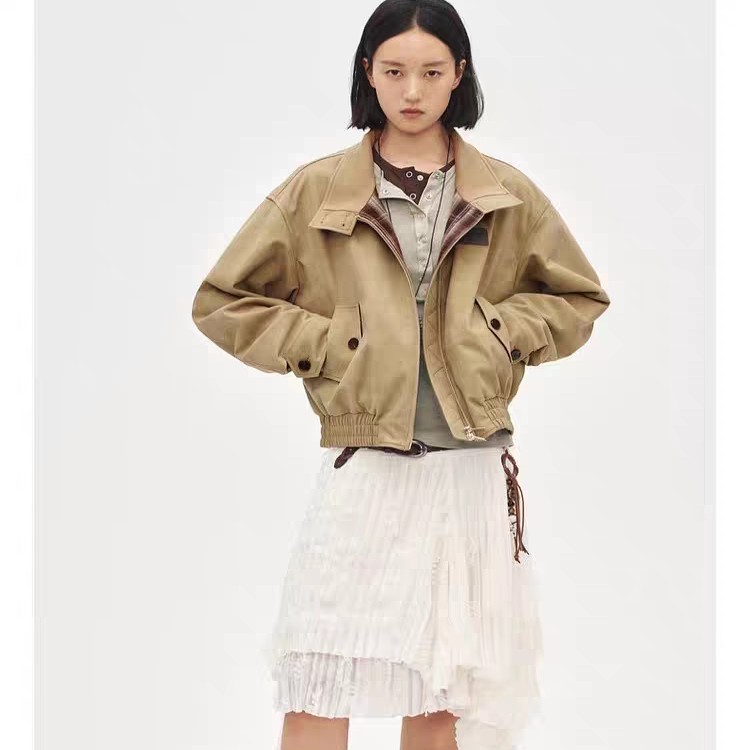 AVVENN 25秋冬新款logo皮牌拼接咖色格纹外套