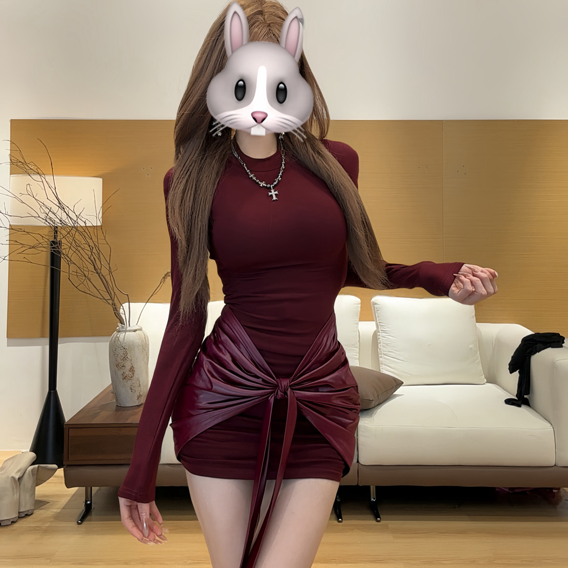 【长袖版】新款连衣裙性感褶皱系带圆领长袖包臀绑带短裙#knj035