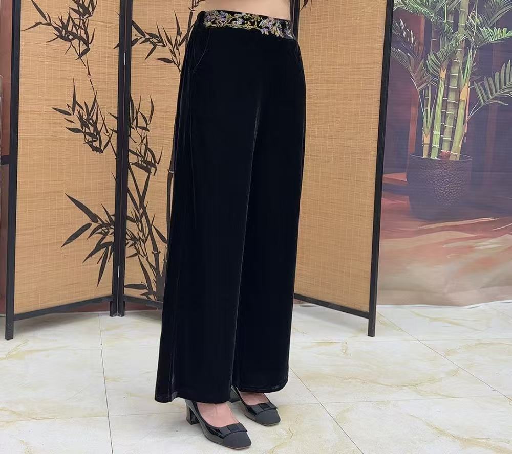 2588国风腰花刺绣加绒丝绒裤子