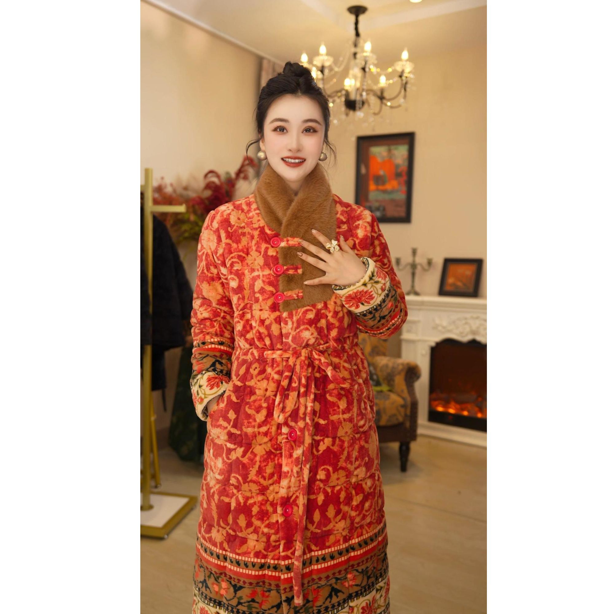 【繁花单长袍】雅姿达新春款三层夹棉保暖加厚可外穿女士保暖睡衣