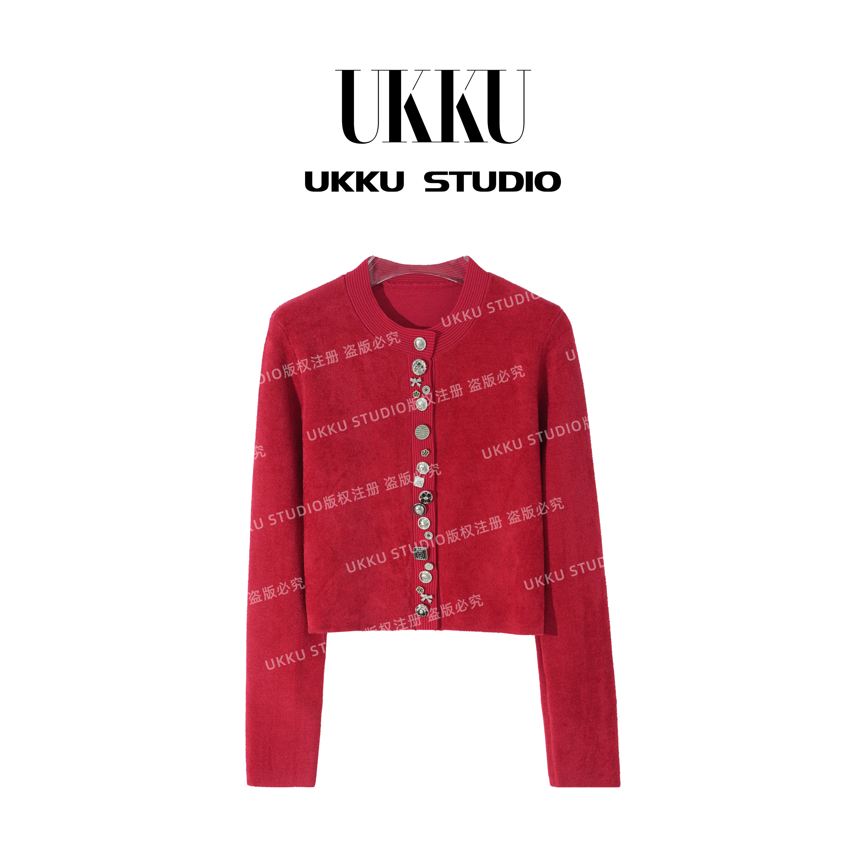 玟序【UKKU STUDIO】早秋新款圆领新中式纯色开衫毛衣215902