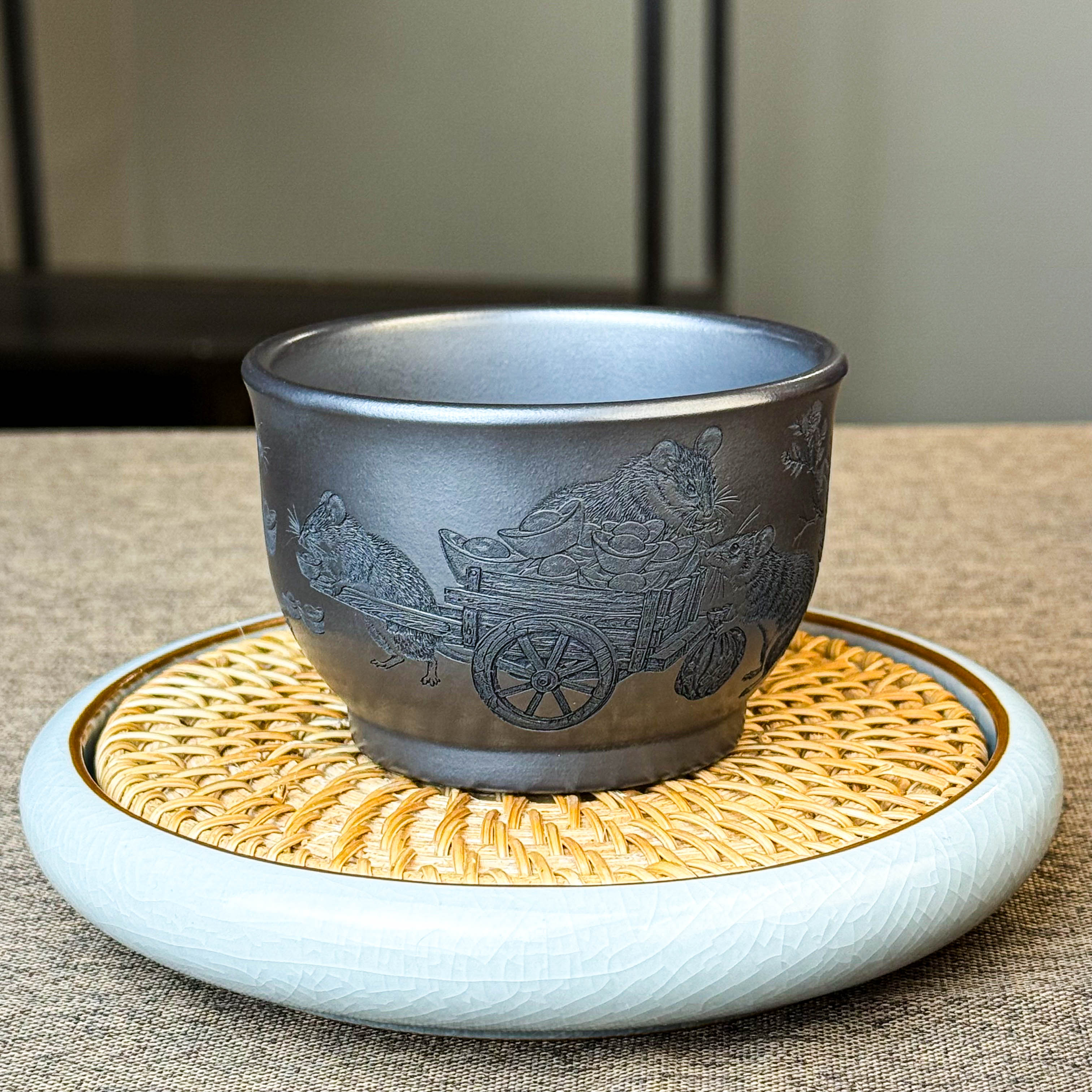 主人杯宜兴紫砂 五鼠连财 雕刻原矿石黄高端紫砂茶杯送礼喝茶茶具