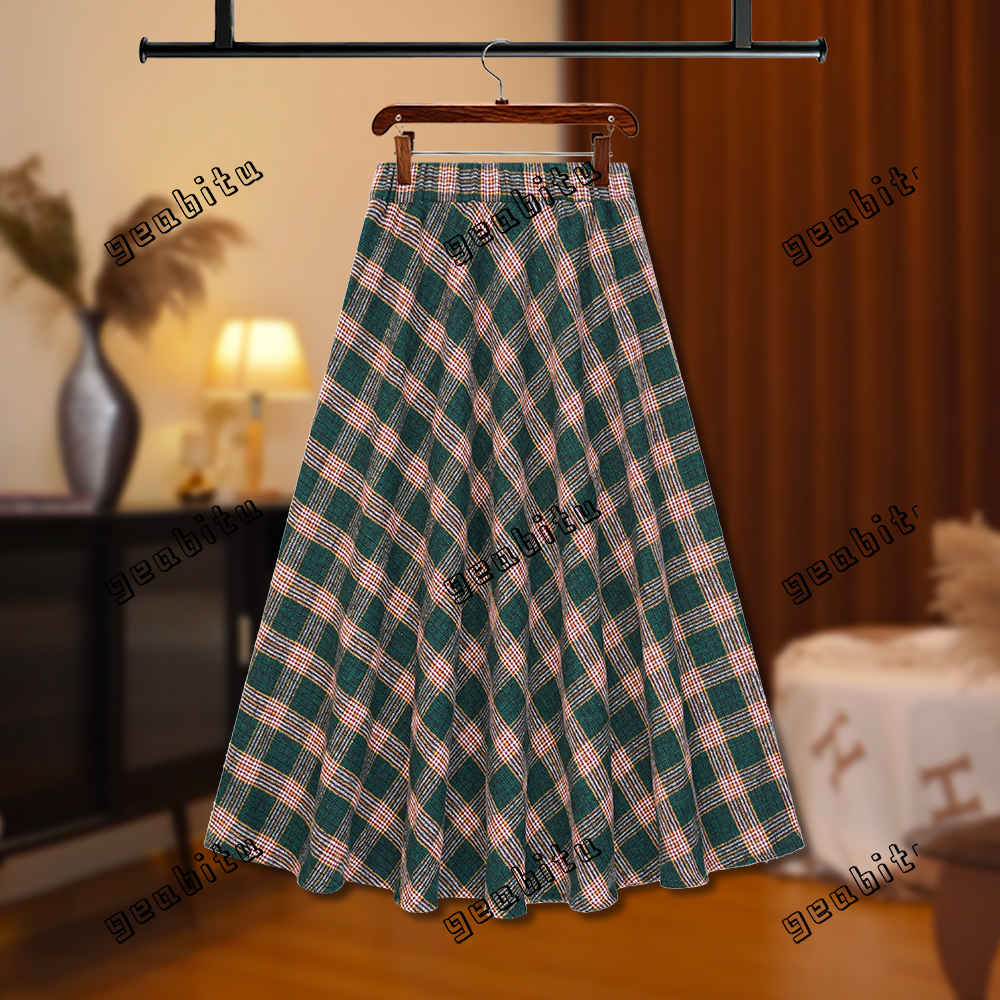 【夏夏】秋冬复古格纹半身裙墨绿英伦高腰a字大裙摆毛呢长裙D8401