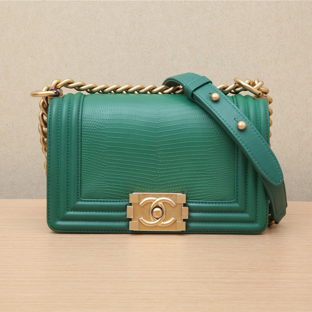 95新 Chanel/香奈儿 新粉黑黑 LEBOY 小号 蜥蜴拼皮 绿色 24开