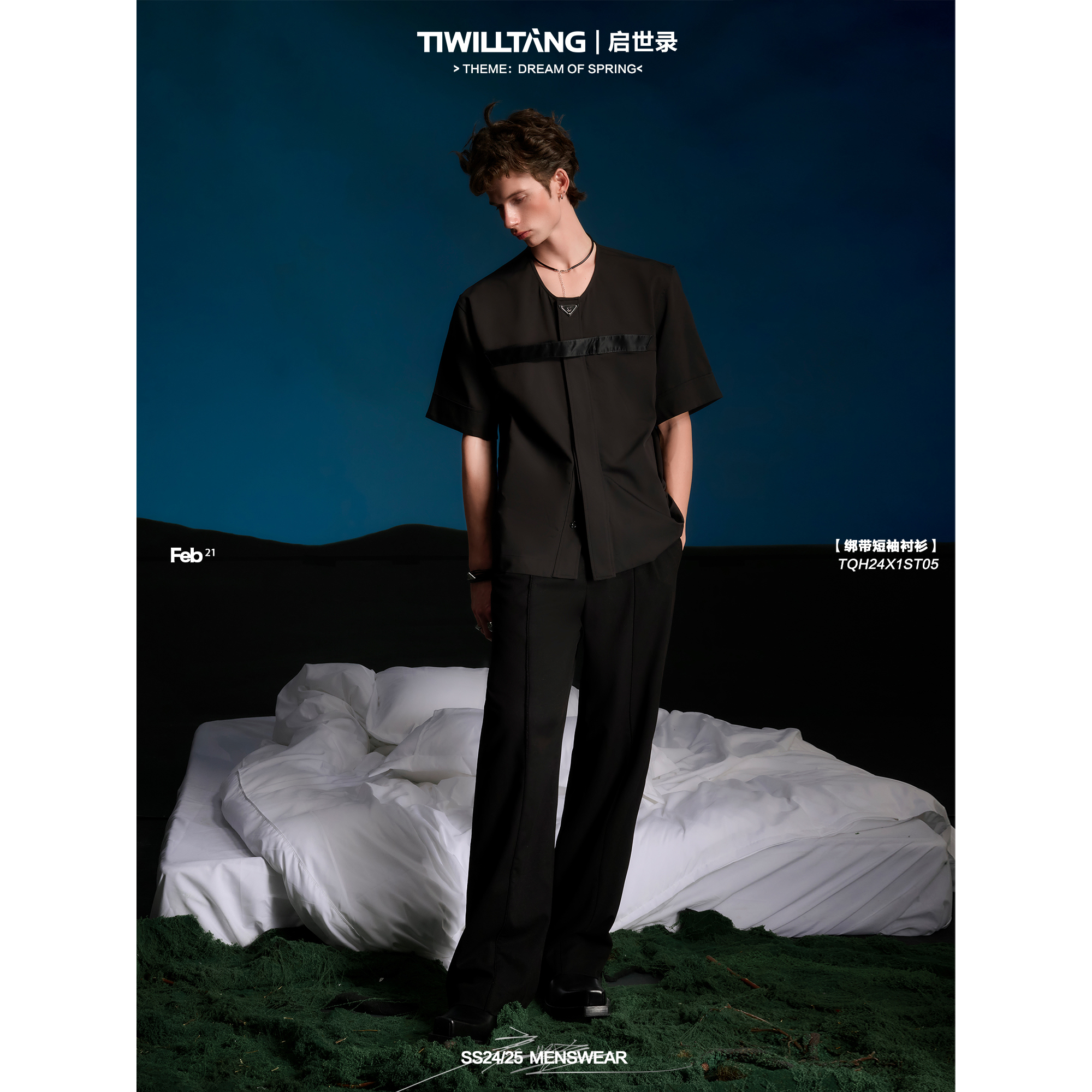 TIWILLTANG启世录“神域交错”绑带短袖衬衫百搭设计感衬衣男