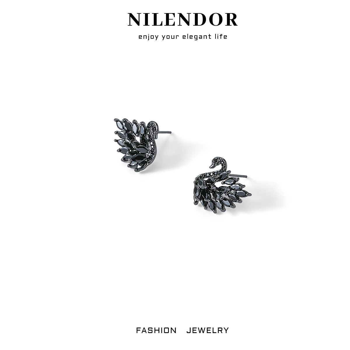 铜合金合成锆石耳饰 ES-389时尚黑色满镶天鹅耳钉