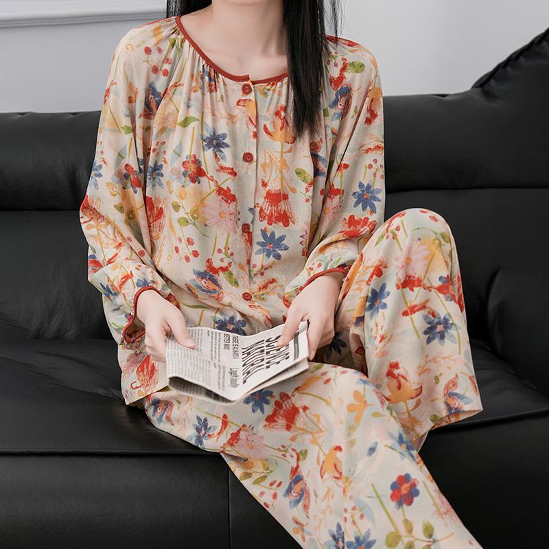 2025新款棉绸睡衣女春秋季中老年妈妈款绵绸家居服套装可外穿夏天