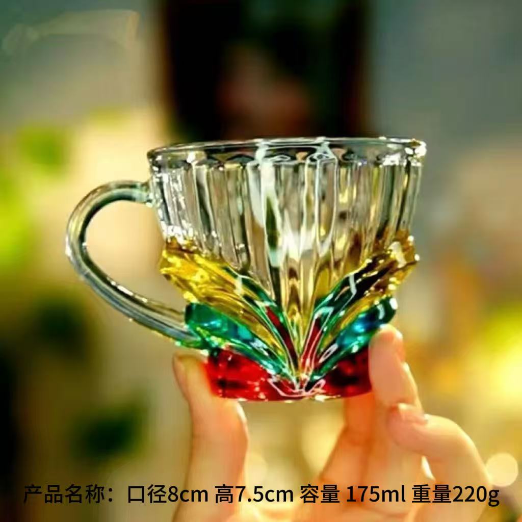 矮款苹果杯绿黄红玻璃杯手绘把手款时尚咖啡杯泡茶杯单只装